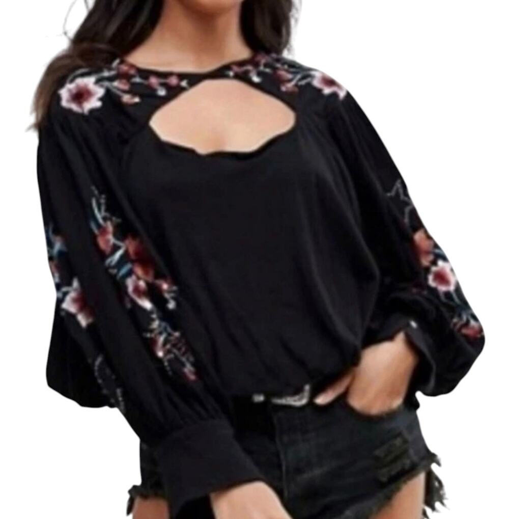 Free People Lita Embroidered Peasant Blouse, Cotton Linen Floral Boho, Medium